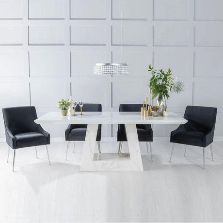 Milan White Marble Dining Set - Giovanni Black Fabric Chairs-4