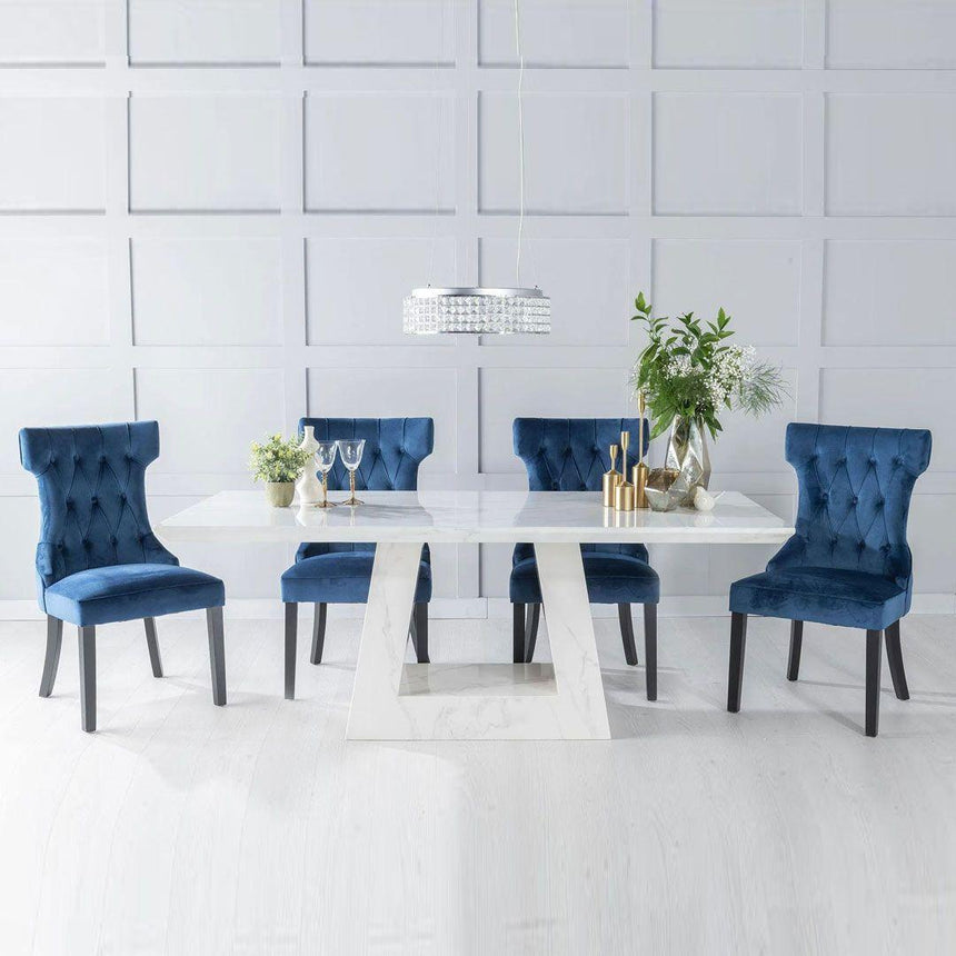 Milan White Marble Dining Set - Courtney Blue Fabric Chairs-3