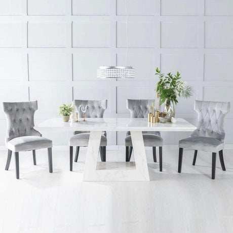 Milan White Marble Dining Set - Courtney Light Grey Fabric Chairs-4