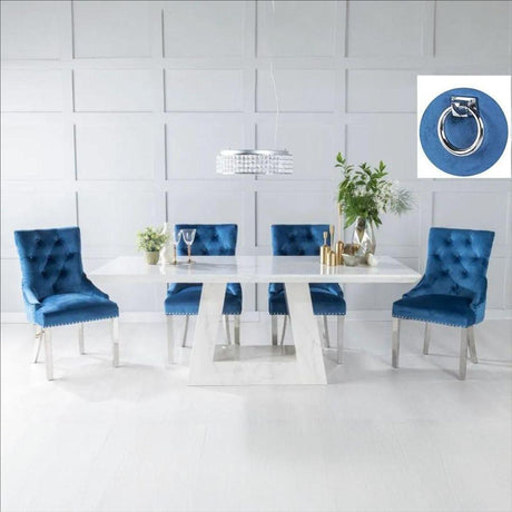 Milan White Marble Dining Set - Blue Fabric Knocker Back Chairs with Chrome Legs