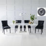 Milan White Marble Dining Set - Black Fabric Knocker Back Chairs with Black Legs