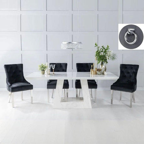 Milan White Marble Dining Set - Black Fabric Knocker Back Chairs-2