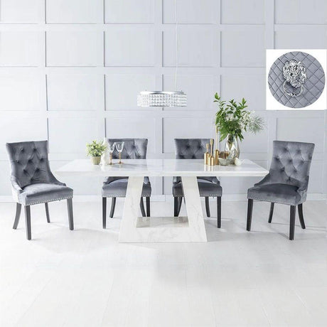 Milan White Marble Dining Set - Grey Fabric Lion Head Ring Back Chairs-3