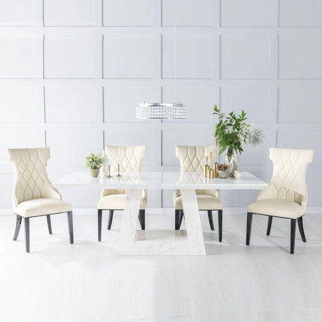 Milan White Marble Dining Set - Mimi Cream Faux Leather Chairs