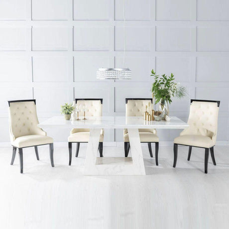 Milan White Marble Dining Set - Carmela Cream Faux Leather Chairs-2