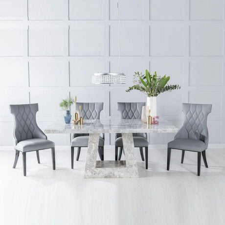 Milan Grey Marble Dining set - Mimi Grey Faux Leather Chairs