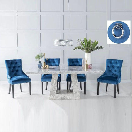 Milan Grey Marble Dining set - Blue Fabric Knockerback Chairs-2