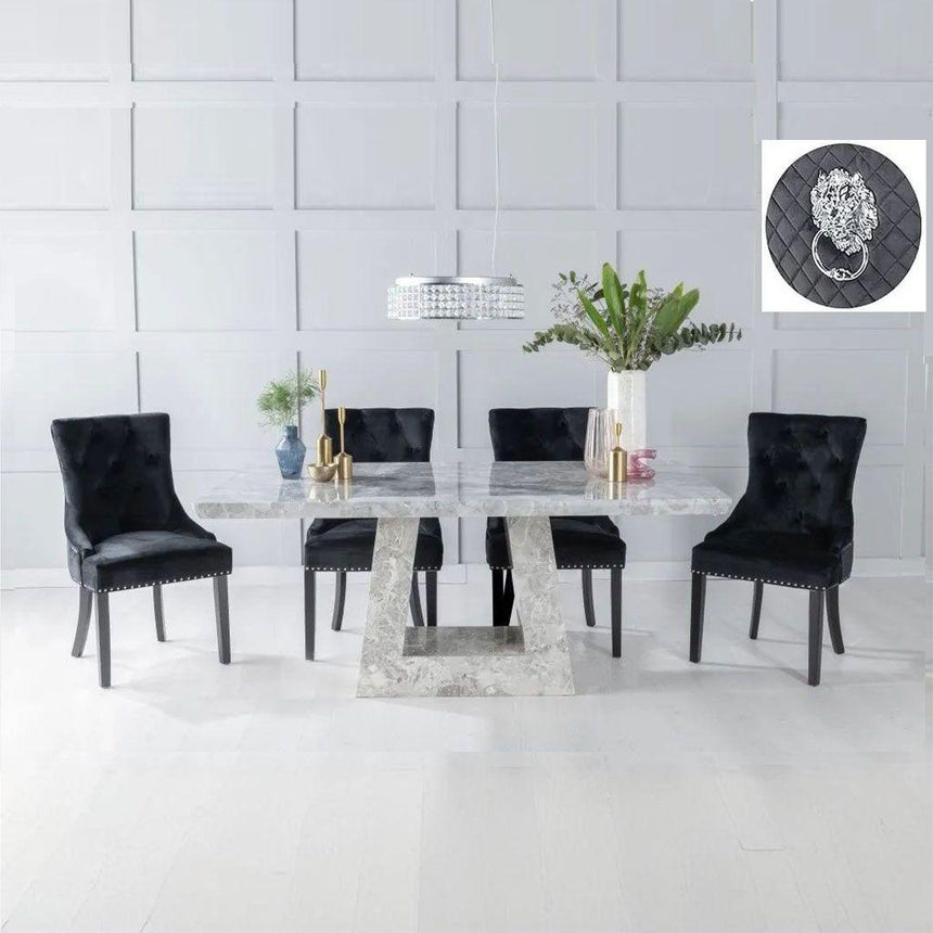 Milan Grey Marble Dining set - Black Fabric Lion Head Ring Back Chairs-3