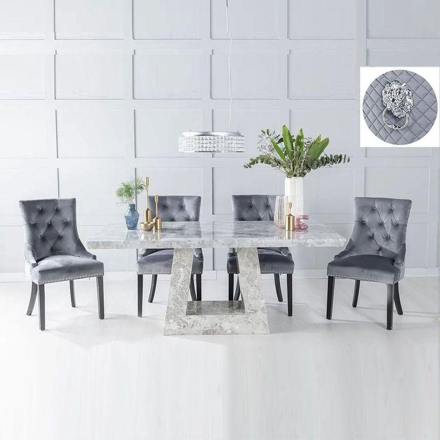 Milan Grey Marble Dining set - Grey Fabric Lion Knocker Back Chairs-2