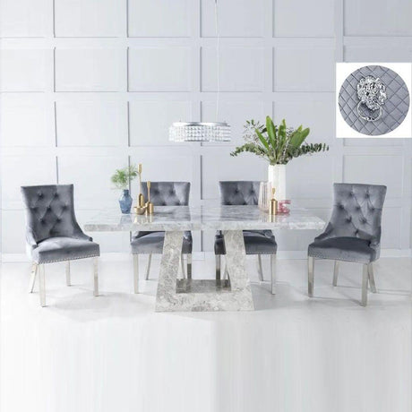 Milan Grey Marble Dining set - Grey Fabric Lion Head Ring Back Chairs-3