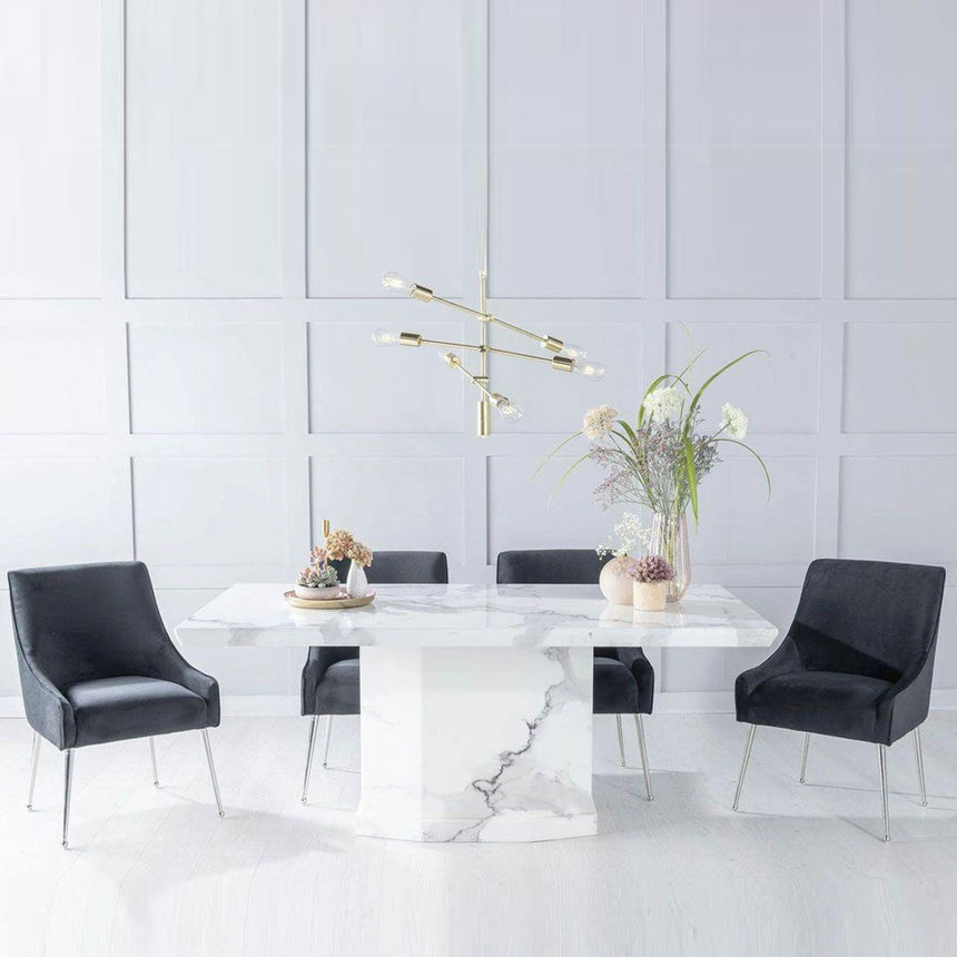 Turin White Marble Dining set - Terni Black Fabric Chairs