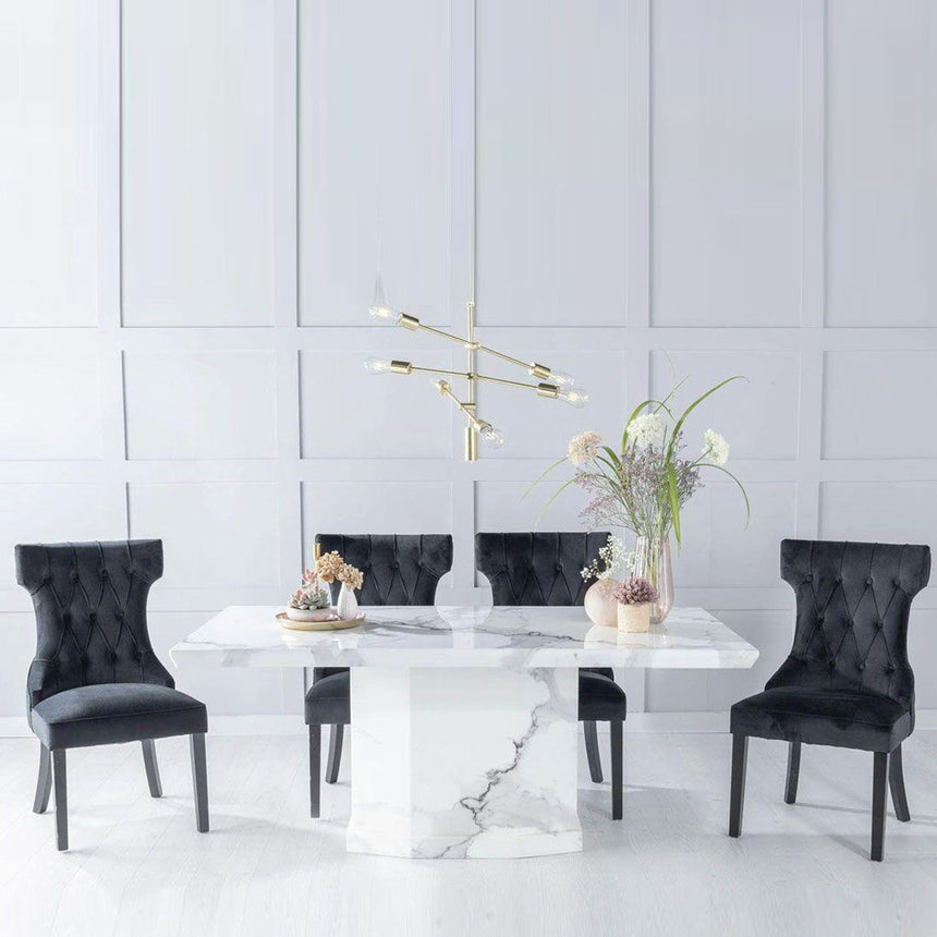 Turin White Marble Dining set - Brixen Black Fabric Chairs