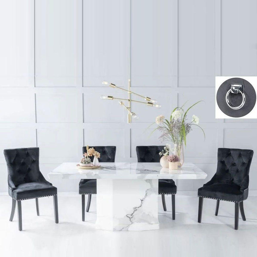 Turin White Marble Dining set - Black Fabric Knocker Back Chairs with Black Legs