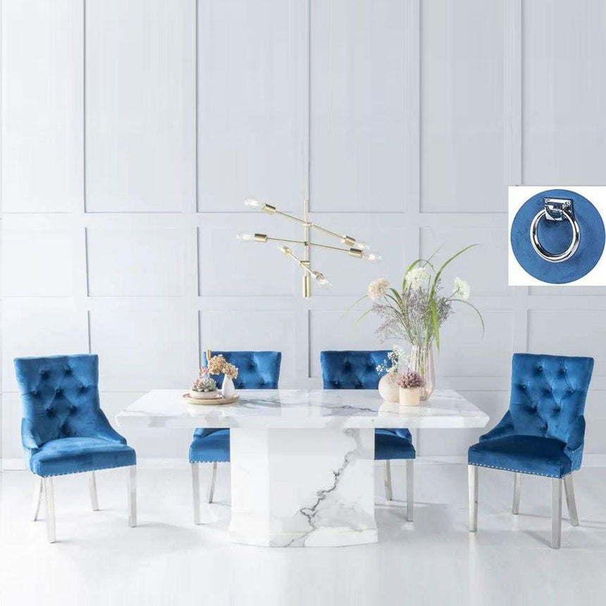 Turin White Marble Dining set - Blue Fabric Knocker Back Chairs with Chrome Legs