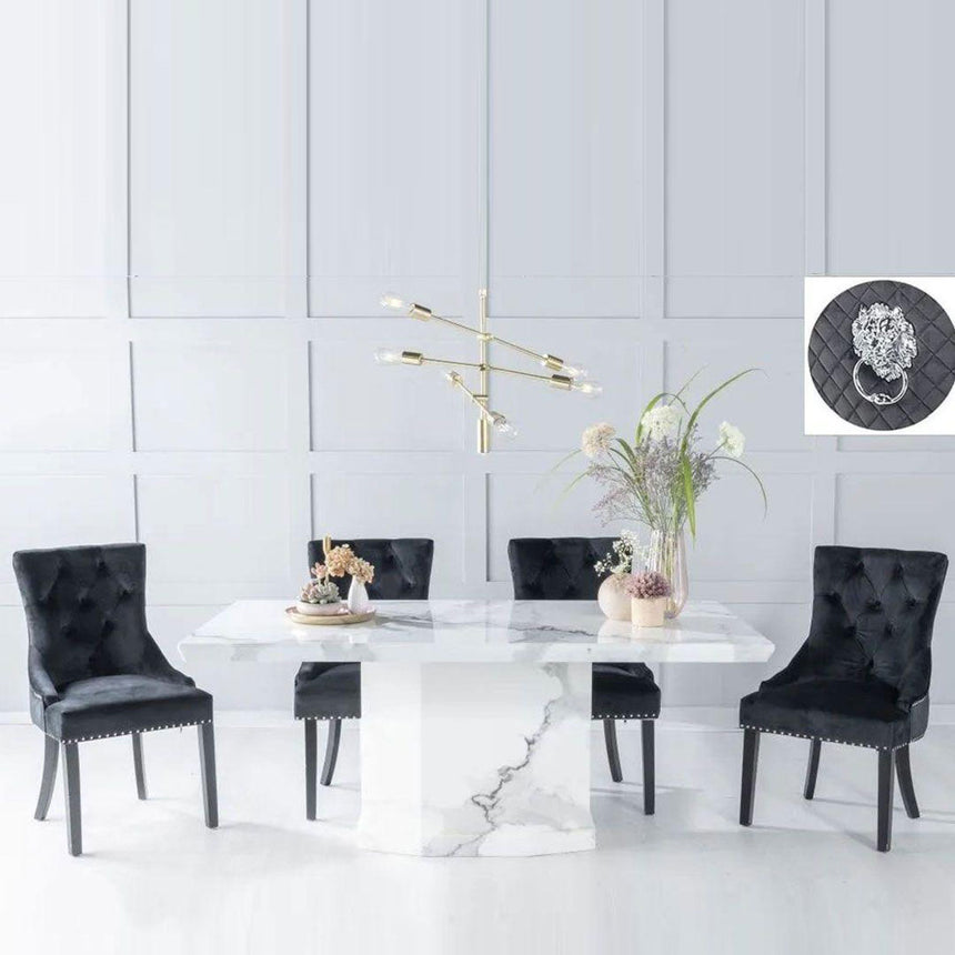 Turin White Marble Dining set - Black Fabric Lion Head Ring Back Chairs with Black Legs