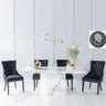 Turin White Marble Dining set - Fabric Lion Head Ring Back Chairs with Black Legs