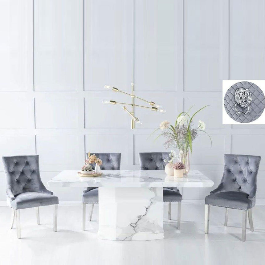 Turin White Marble Dining set - Grey Fabric Lion Head Ring Back Chairs with Chrome Legs