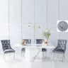 Turin White Marble Dining set - Fabric Lion Head Ring Back Chairs with Chrome Legs