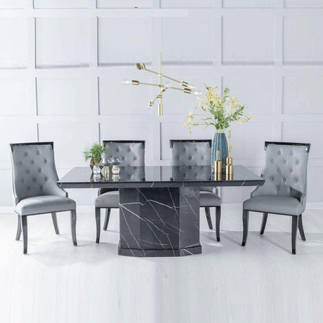 Naples Black Marble Dining Set - Carmela Grey Faux Leather Chairs