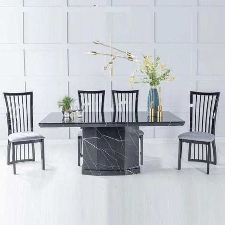 Naples Black Marble Dining Set - Athena Black High Gloss with Beige Fabric Chairs