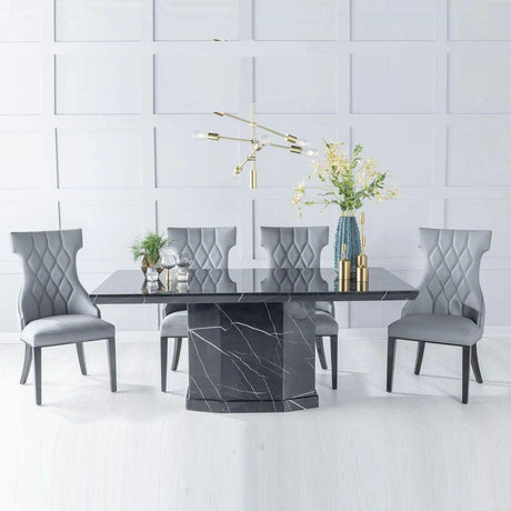 Naples Black Marble Dining Set - Mimi Grey Faux Leather Chairs