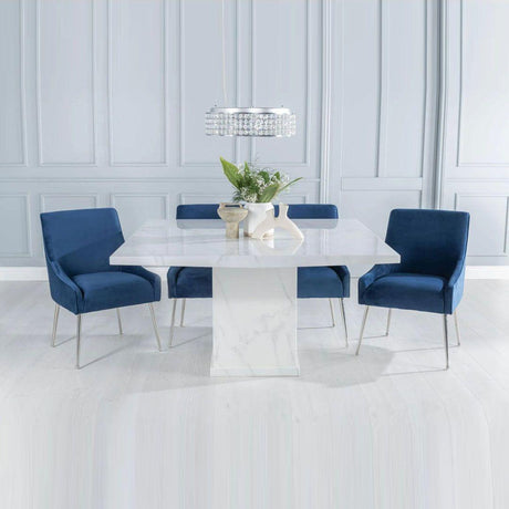 Turin 140cm Square White Marble Dining Set - Giovanni Blue Fabric Chairs-4