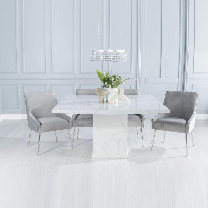 Turin 140cm Square White Marble Dining Set - Giovanni Light Grey Fabric Chairs-2