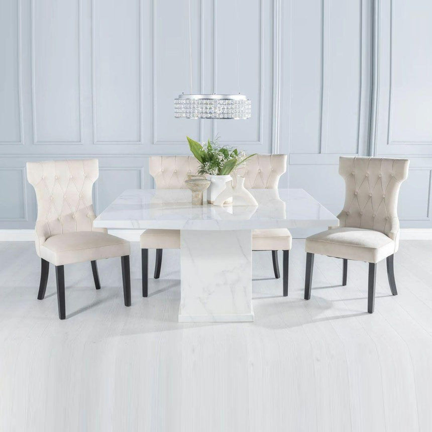 Turin 140cm Square White Marble Dining Set - Courtney Champagne Fabric Chairs-3