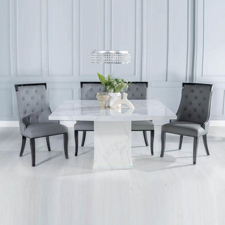 Turin 140cm Square White Marble Dining Set - Carmela Grey Faux Leather Chairs