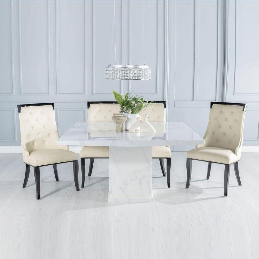 Turin 140cm Square White Marble Dining Set - Carmela Cream Faux Leather Chairs-2