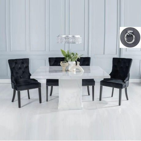 Marble Dining Set - Black Fabric Knocker Back Chairs