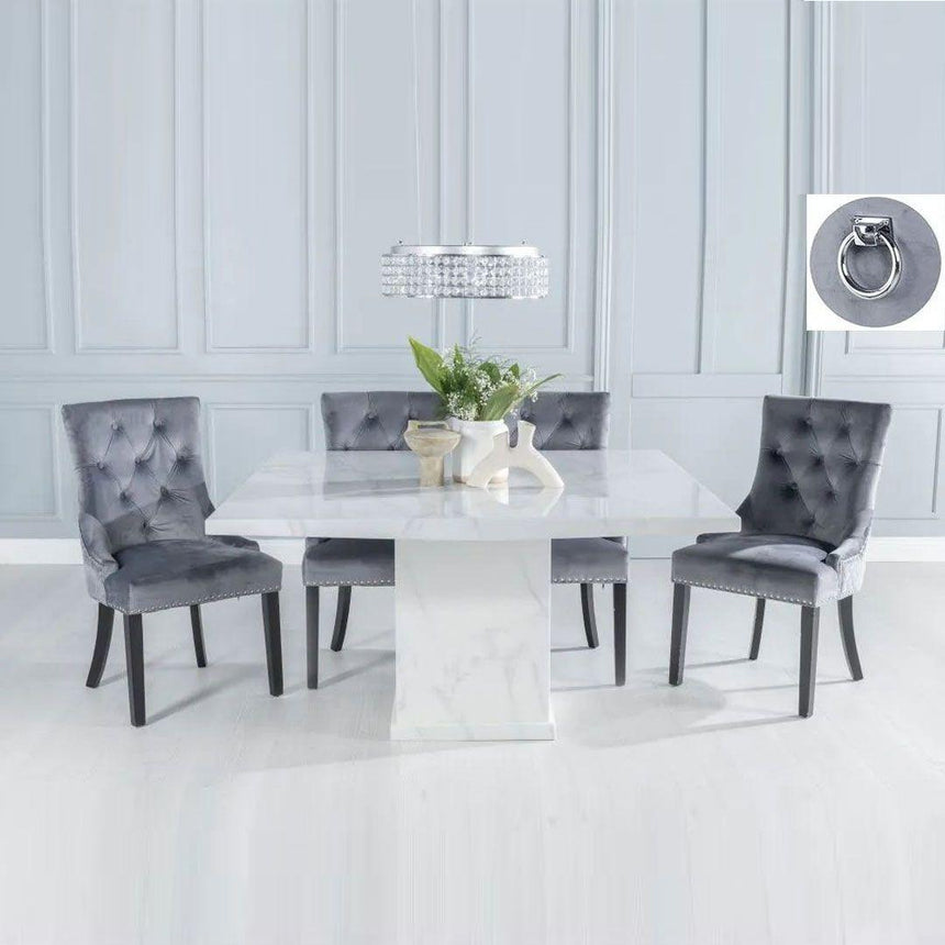 Marble Dining Set - Grey Fabric Knocker Back Chairs