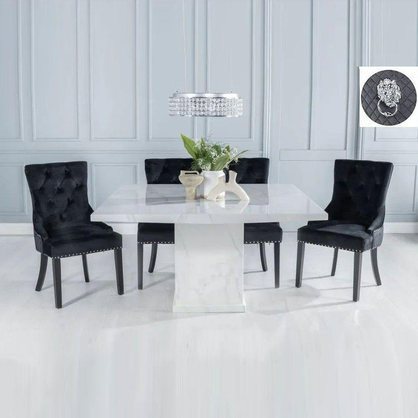 Turin 140cm Square White Marble Dining Set - Black Fabric Lion Head Ring Back Chairs with Black Legs-2