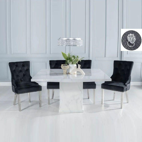 Turin 140cm Square White Marble Dining Set - Black Fabric Lion Head Ring Back Chairs with Chrome Legs-2