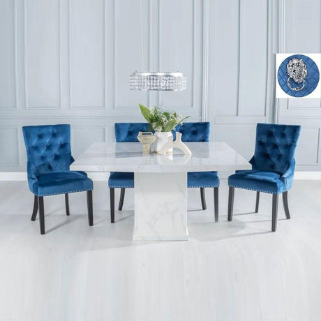 Turin 140cm Square White Marble Dining Set - Blue Fabric Lion Head Ring Back Chairs with Black Legs-3