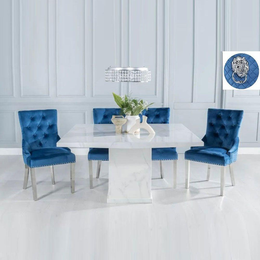 Turin 140cm Square White Marble Dining Set - Blue Fabric Lion Head Ring Back Chairs with Chrome Legs-3