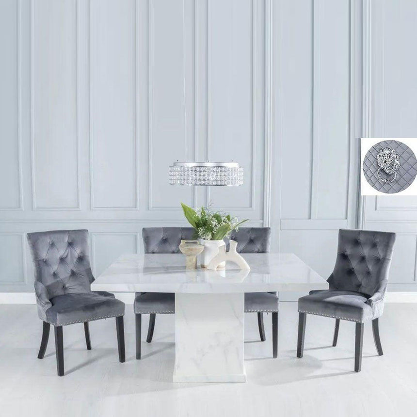 Giovanni 140cm Square White Marble Dining Set - Grey Fabric Lion Head Ring Back Chairs with Black Legs