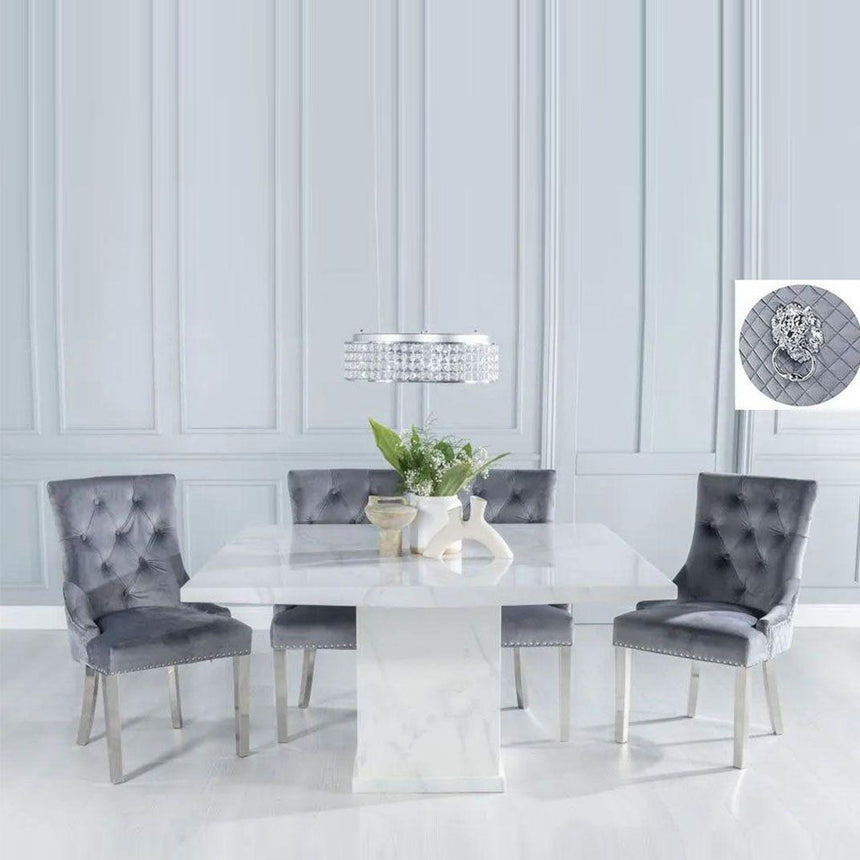 Giovanni 140cm Square White Marble Dining Set - Grey Fabric Lion Head Ring Back Chairs with Chrome Legs