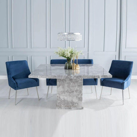 Turin 140cm Square Grey Marble Dining Set - Giovanni Blue Fabric Chairs-2