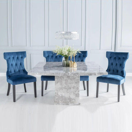 Turin 140cm Square Grey Marble Dining Set - Courtney Blue Fabric Chairs-2