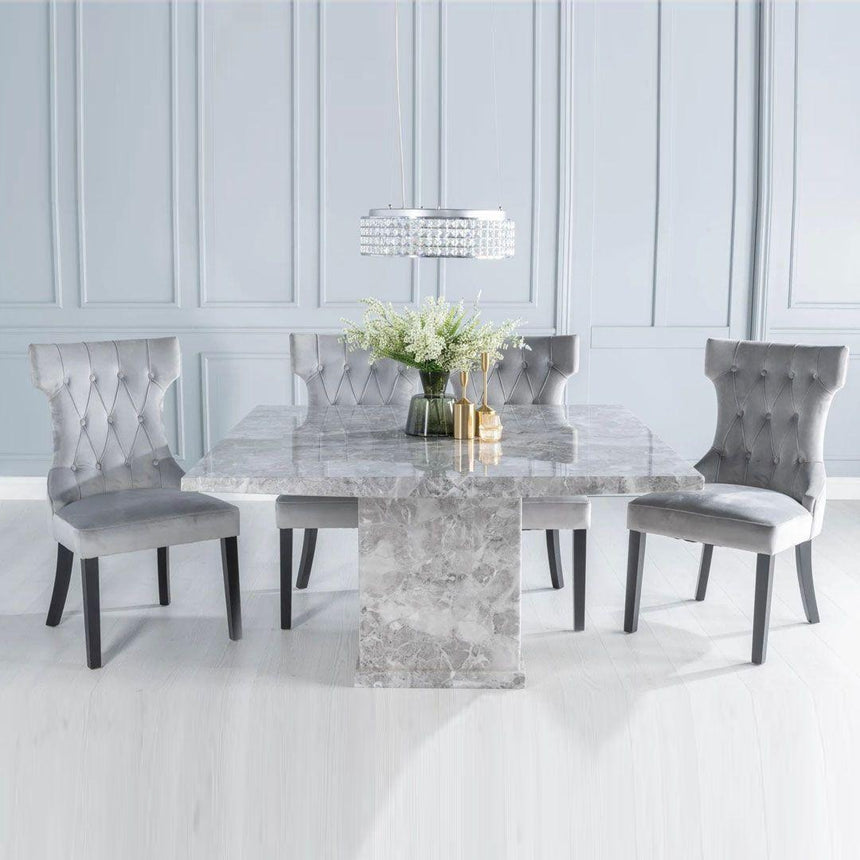 Turin 140cm Square Grey Marble Dining Set - Courtney Light Grey Fabric Chairs-3