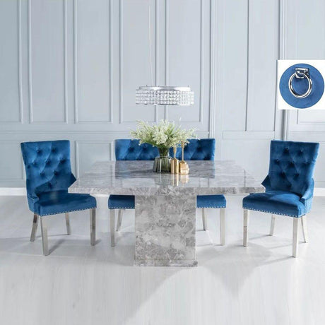 Marble Dining Set - Blue Fabric Knocker Back Chairs with Chrome Legs