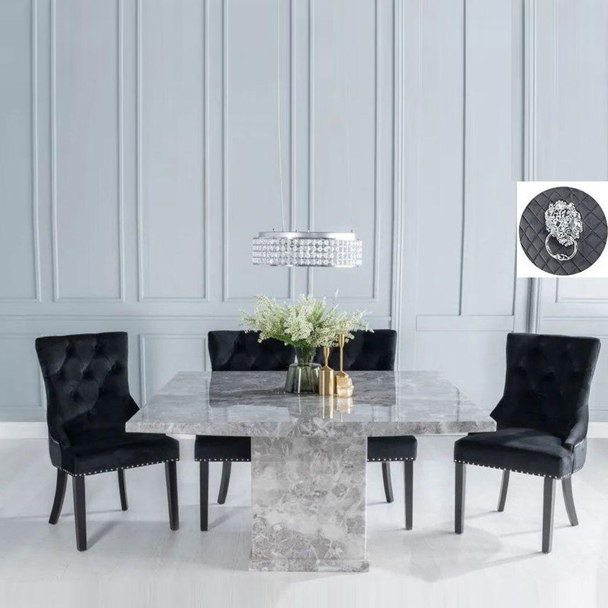 Ruvo 140cm Square Grey Marble Dining Set - Black Fabric Lion Head Ring Back Chairs with Black Legs