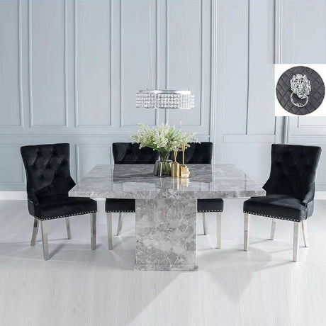 Turin 140cm Square Grey Marble Dining Set - Black Fabric Lion Head Ring Back Chairs with Chrome Legs-2