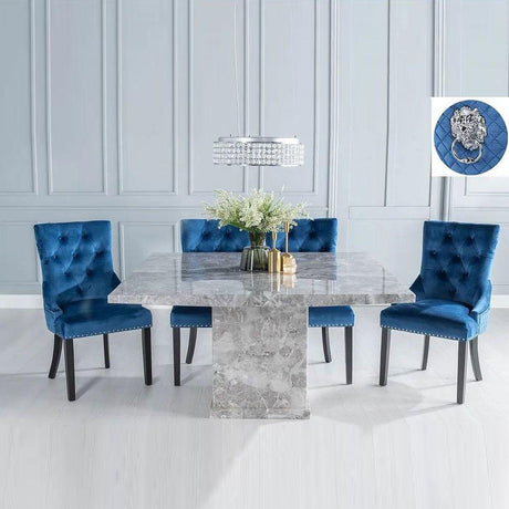 Turin 140cm Square Grey Marble Dining Set - Blue Fabric Lion Head Ring Back Chairs with Black Legs-3