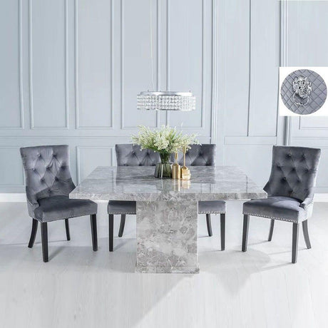 Turin 140cm Square Grey Marble Dining Set - Grey Fabric Lion Head Ring Back Chairs with Black Legs-2