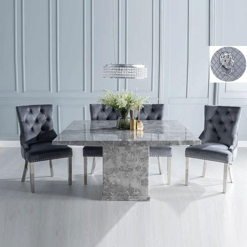 Turin 140cm Square Grey Marble Dining Set - Grey Fabric Lion Head Ring Back Chairs with Chrome Legs-3