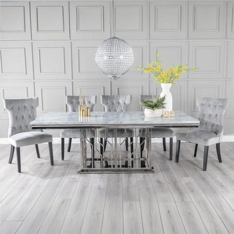 Grey Marble and Chrome Dining Set - Courtney Light Grey Fabric Chairs-3