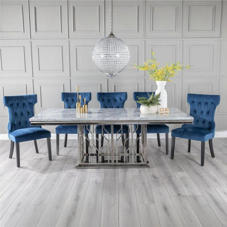 Grey Marble and Chrome Dining Set - Courtney Blue Fabric Chairs-2