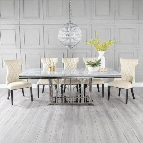 Grey Marble and Chrome Dining Set - Mimi Cream Faux Leather Chairs-2